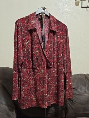 Lane Bryant Red Geometric Long-Sleeve Blouse